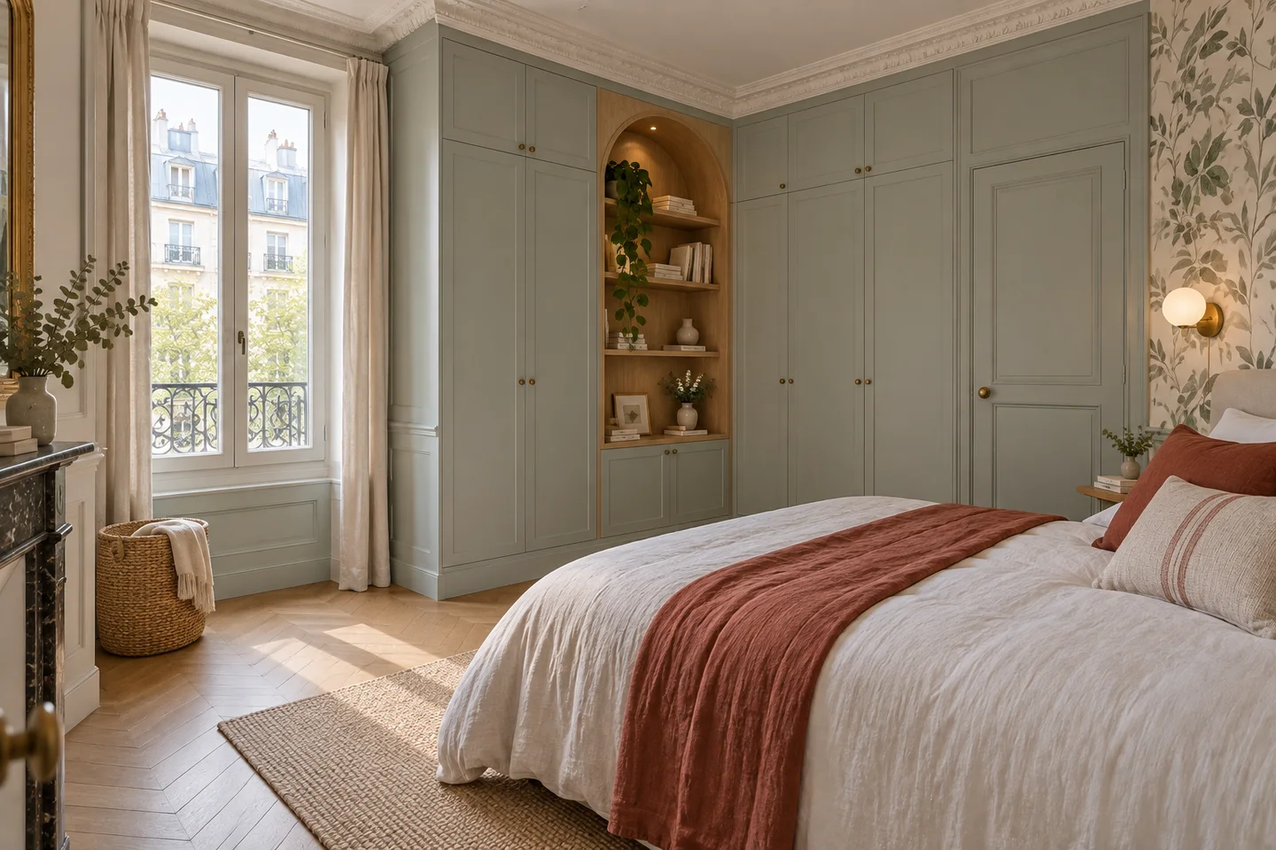 Chambre avec menuiseries intégrées vert sauge — visualisation réaliste