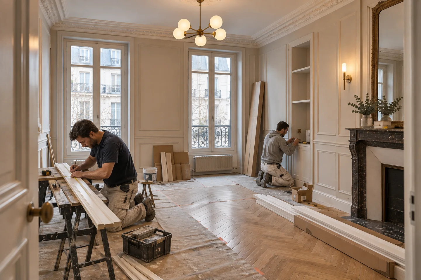 Pose de moulures dans un appartement en rénovation — visualisation réaliste