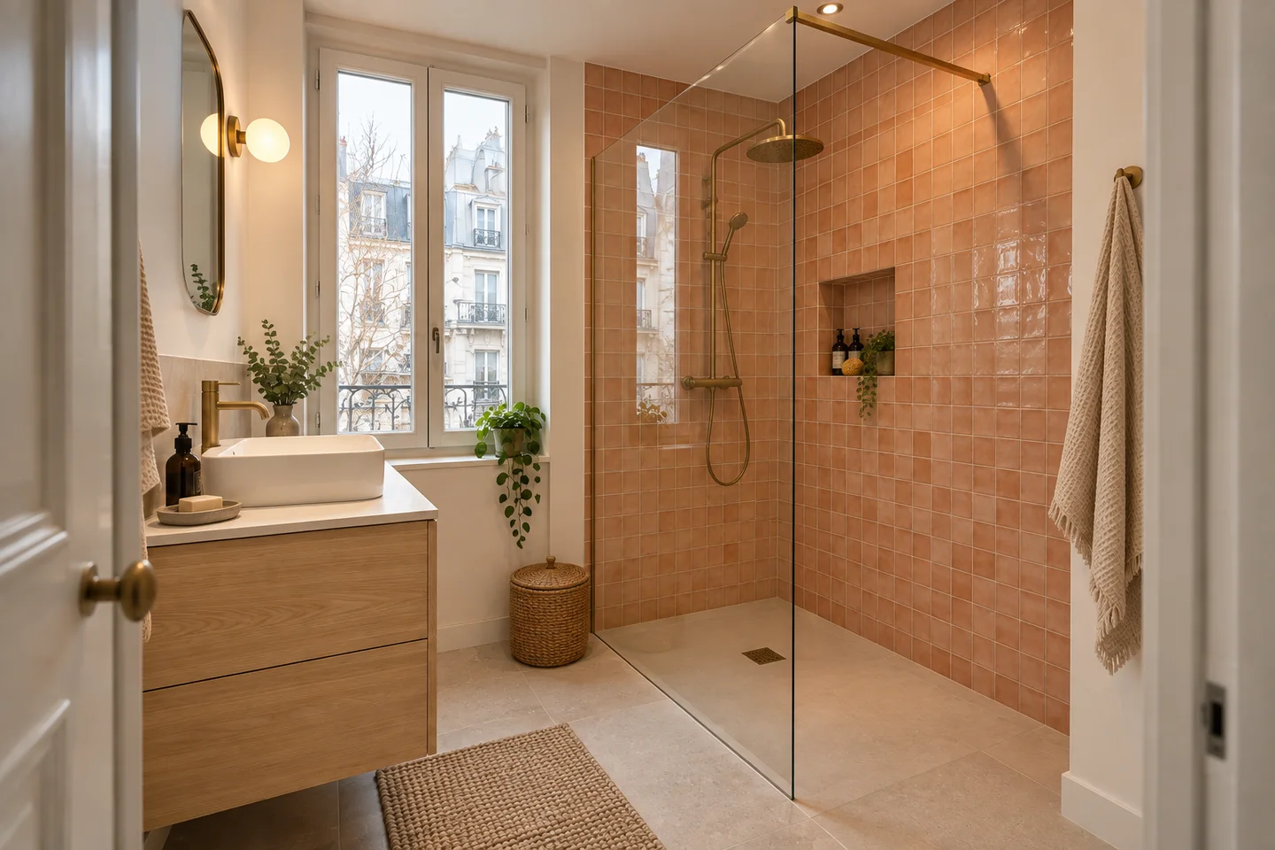 Douche à l’italienne avec faïence terracotta — visualisation réaliste