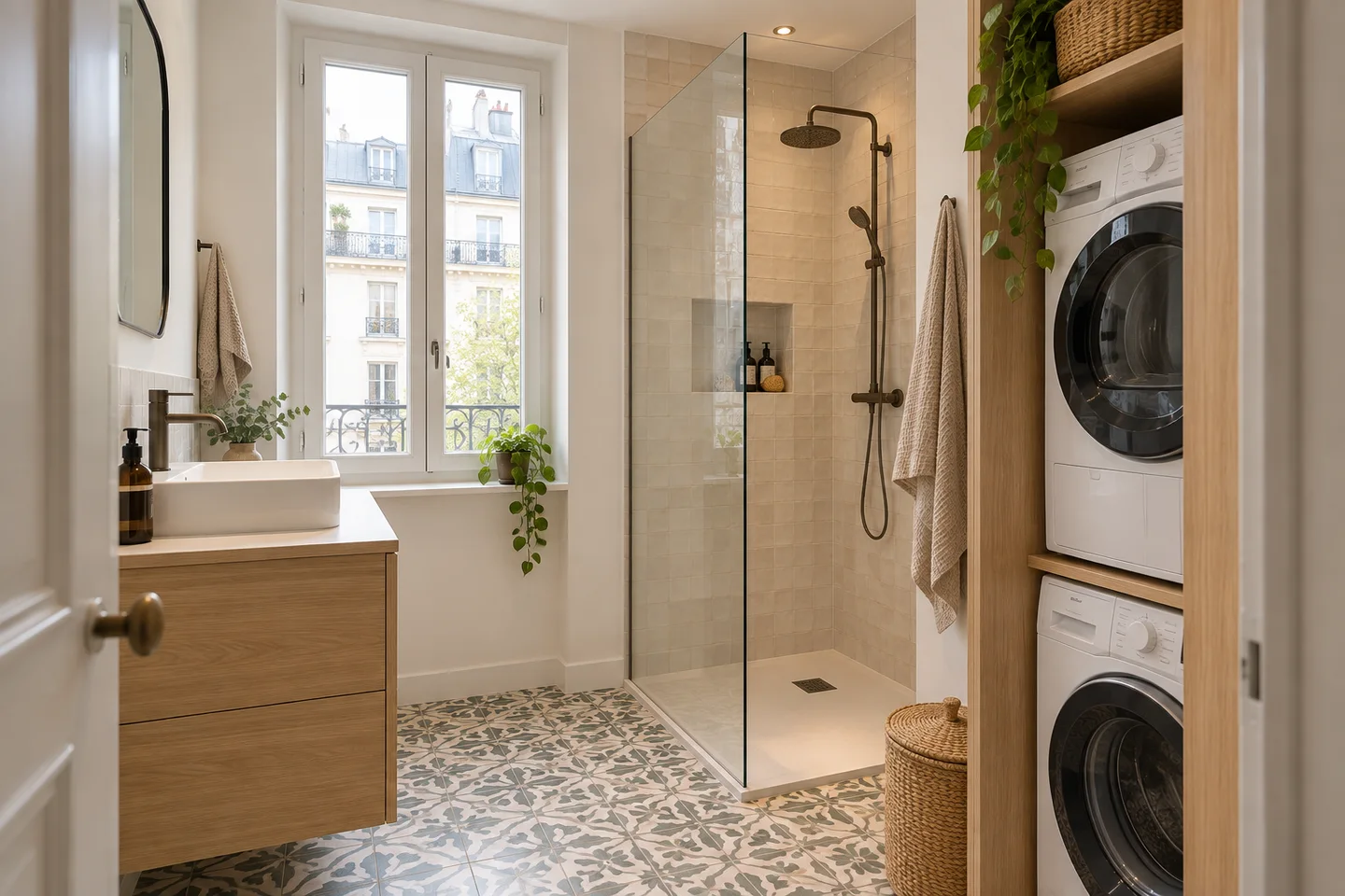 Salle d’eau compacte avec buanderie intégrée — visualisation réaliste