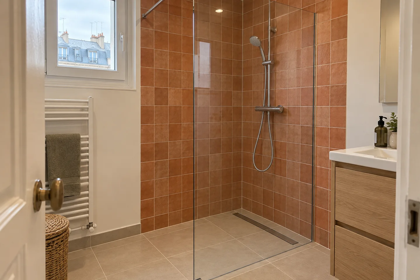 Douche à l’italienne après rénovation — visualisation réaliste