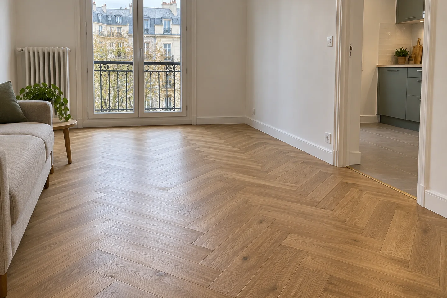 Pose de parquet dans un intérieur rénové — visualisation réaliste