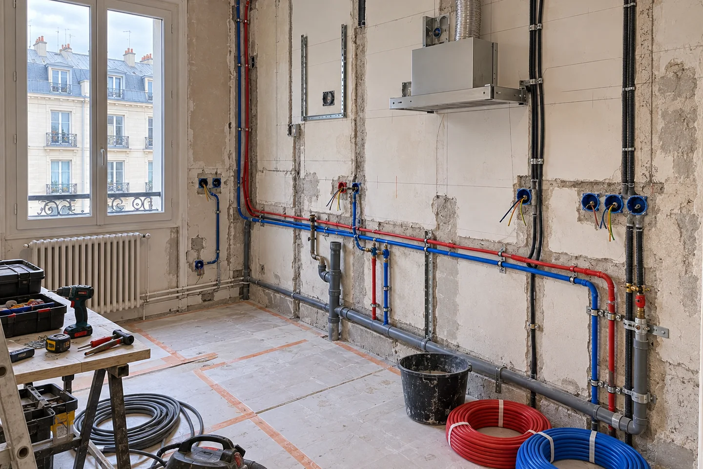 Réseaux techniques intégrés à une rénovation — visualisation réaliste